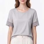 Women's Solid Crew Neck T-Shirt, Hollow Mesh Cuff Short Sleeve Casual Top