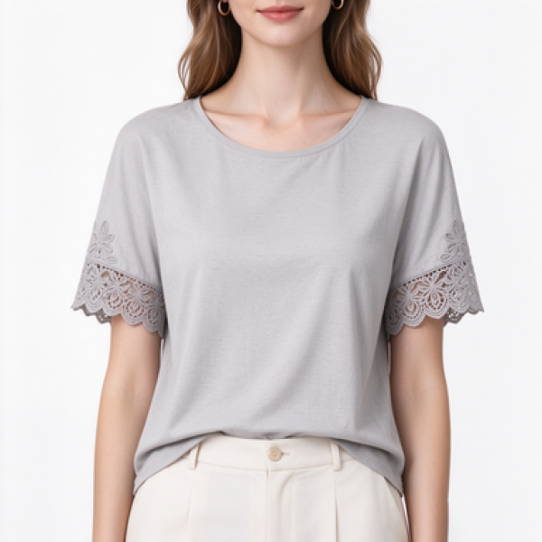 Women's Solid Crew Neck T-Shirt, Hollow Mesh Cuff Short Sleeve Casual Top
