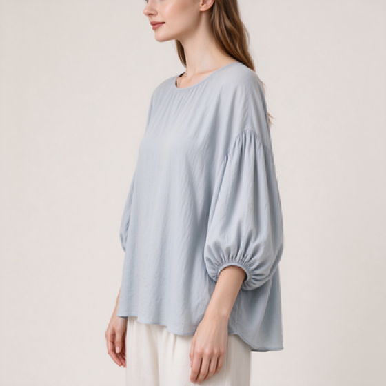 Women's Loose Balloon Sleeve Solid Round Neck Casual Blouse