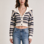 Women's Sailor Collar Striped Cropped Loose 3/4 Sleeve Jacket
