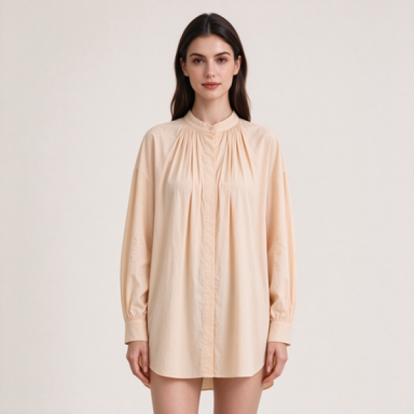 omen's Stand Collar Ruched Front Loose Long Sleeve Shirt