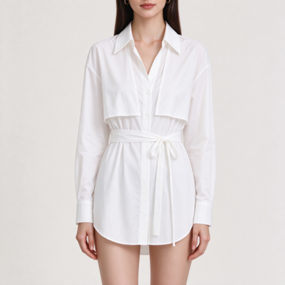 Women's Belted Faux Two-Piece Lapel Long Sleeve Blouse